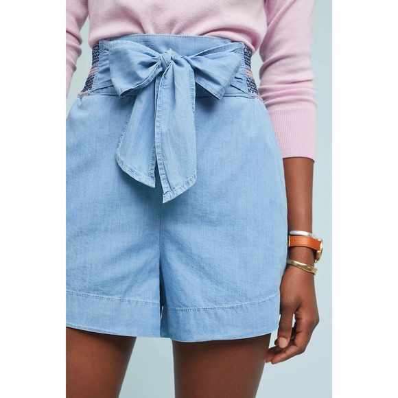 Anthropologie | Aloha Tie-Front Shorts Chambray Paper Bag Waist Medium - Picture 3 of 15